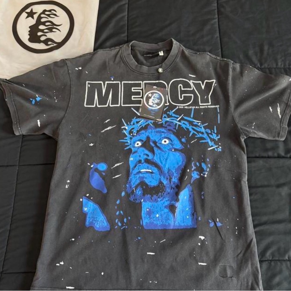 Men's Black 'Mercy' Graphic Tee with Blue Artwork